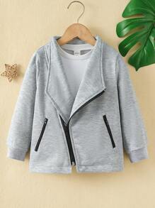 SHEIN 男小童大翻領拉鏈開襟夾克 - 灰色 - 查看 3