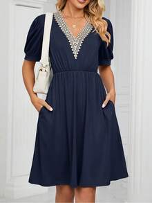 Đầm Tương phản ren Túi Khối Màu Giải trí - Màu xanh hải quân - Xem 1