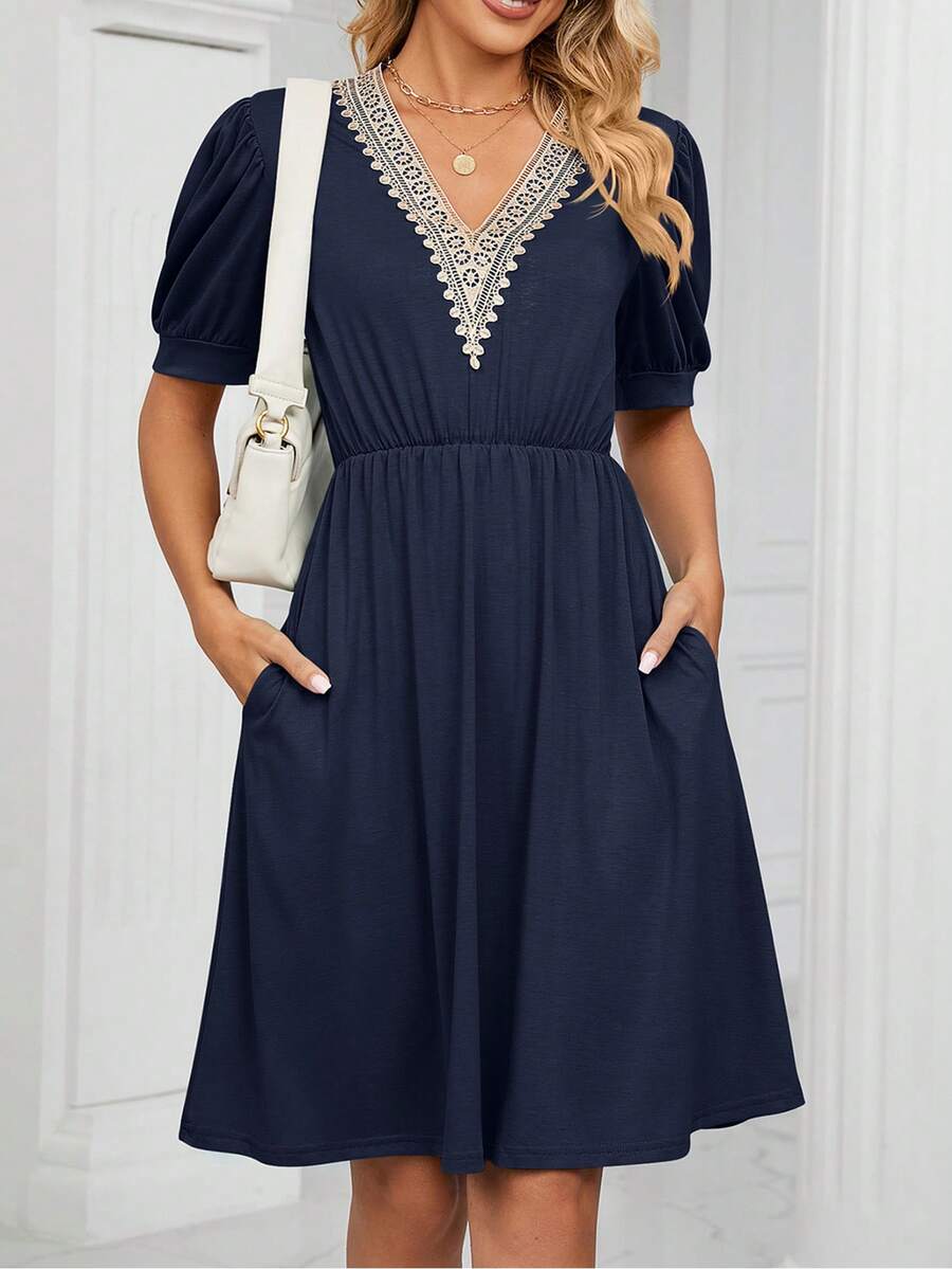 Đầm Tương phản ren Túi Khối Màu Giải trí - Màu xanh hải quân - Xem 1