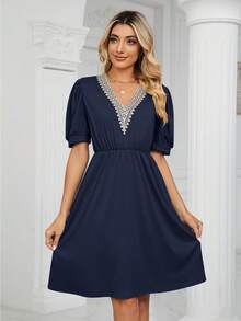 Đầm Tương phản ren Túi Khối Màu Giải trí - Màu xanh hải quân - Xem 3