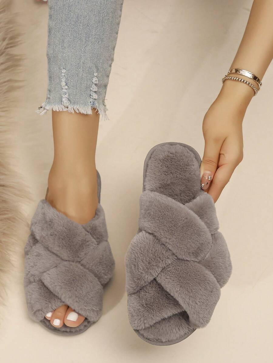 Criss Cross Fuzzy Bedroom Slippers - Khaki - View 1
