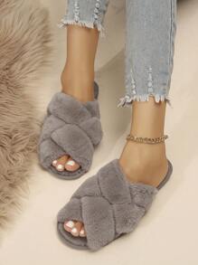 Criss Cross Fuzzy Bedroom Slippers - Khaki - View 4
