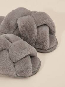 Criss Cross Fuzzy Bedroom Slippers - Khaki - View 5