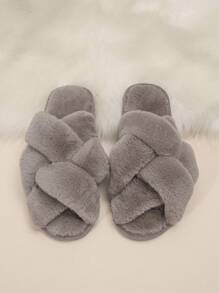 Criss Cross Fuzzy Bedroom Slippers - Khaki - View 7