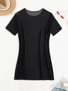 SHEIN Swim Solid Sheer Mesh Cover Up,Summer Beach - Black - View 3