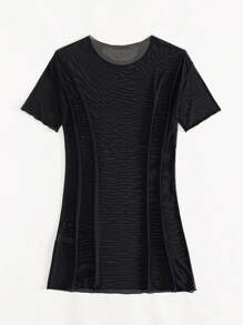 SHEIN Swim Solid Sheer Mesh Cover Up,Summer Beach - Black - View 4