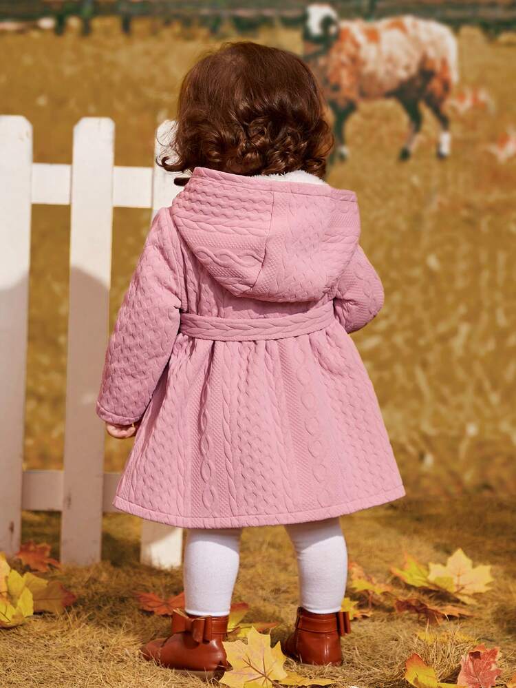 Baby Girl Button Front Hooded Belted Coat