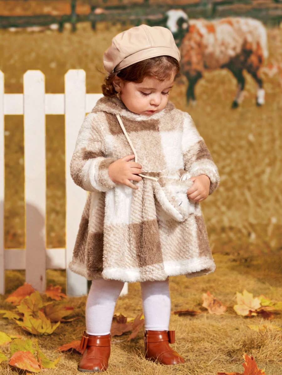 SHEIN Đứa bé gái Họa tiết kẻ sọc trâu Hem xòe Teddy Đầm Có túi - Nhiều màu - Xem 1