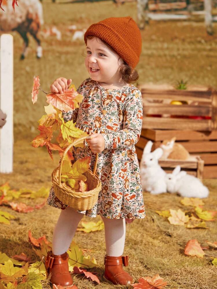 Baby Girl Cartoon and Floral Print Flare Hem Dress