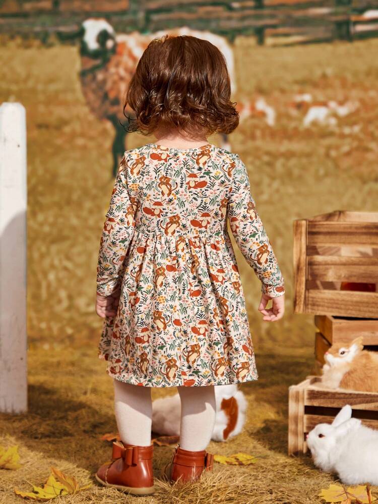 Baby Girl Cartoon and Floral Print Flare Hem Dress