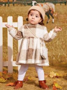 SHEIN Đứa bé gái Họa tiết kẻ sọc trâu Hem xòe Teddy Đầm Có túi - Nhiều màu - Xem 5