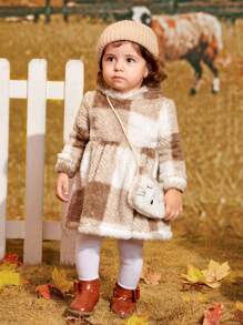 SHEIN Đứa bé gái Họa tiết kẻ sọc trâu Hem xòe Teddy Đầm Có túi - Nhiều màu - Xem 6