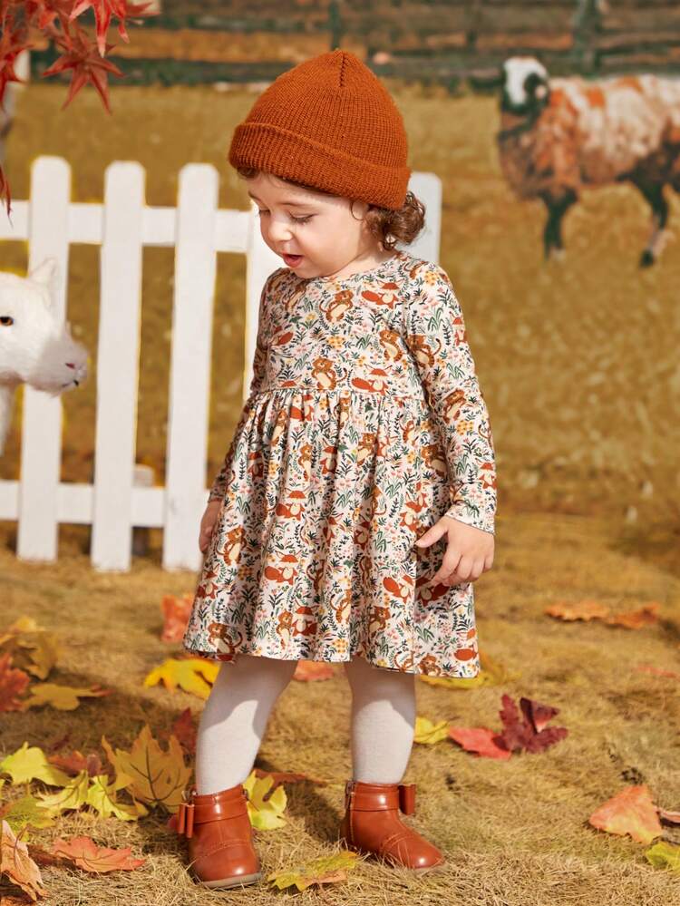 Baby Girl Cartoon and Floral Print Flare Hem Dress