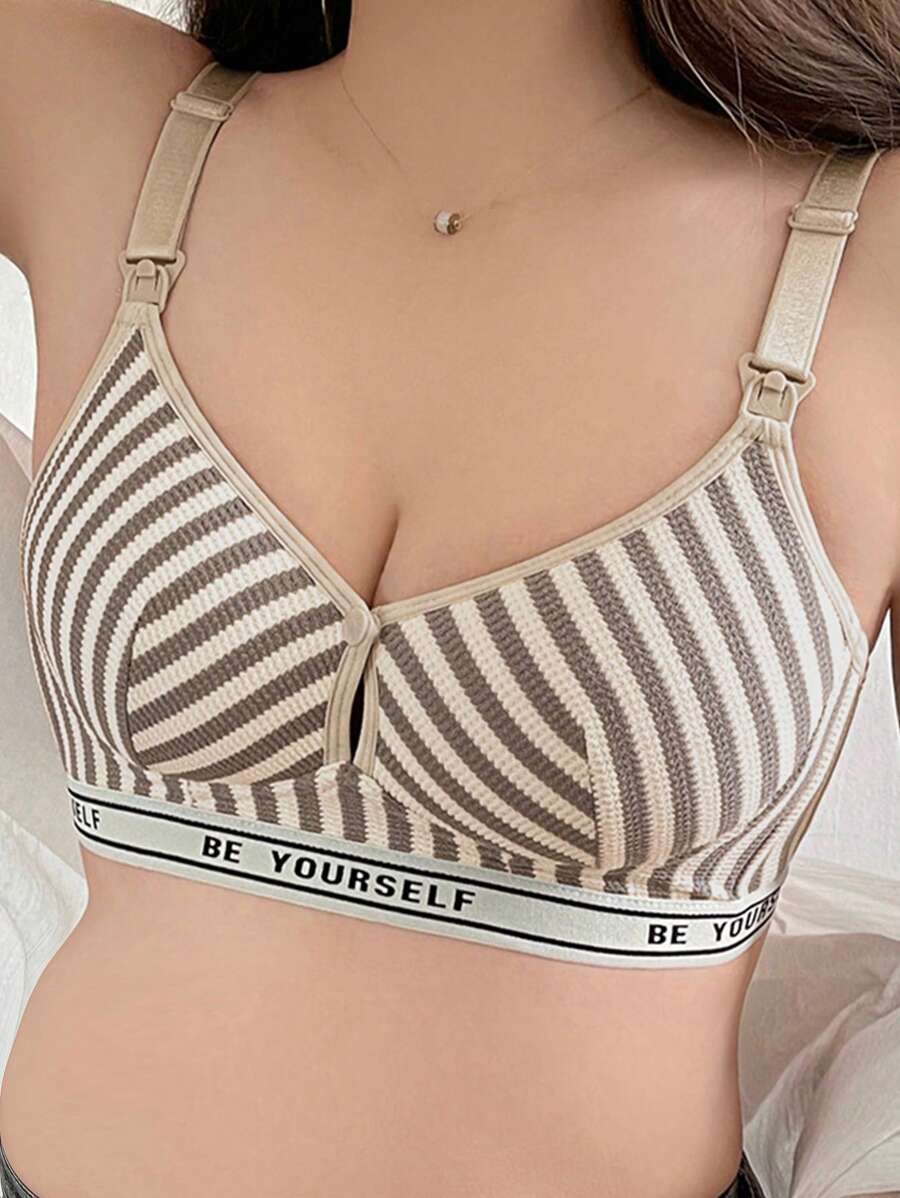 Moonlight&Mama Maternity Striped & Letter Graphic Wireless Bra Sports - Coffee Brown - View 1