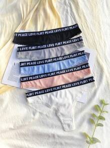 5件腰部字母條帶蕾絲拼接丁字褲套裝