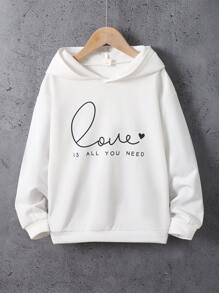 SHEIN Tween Girl Heart & Slogan Graphic Hooded Sweatshirt - White - View 1