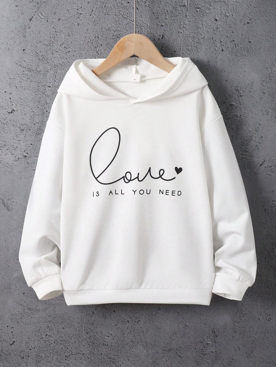 SHEIN Tween Girl Heart & Slogan Graphic Hooded Sweatshirt - White - View 1