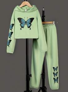 SHEIN Tween Girl Butterfly Print Hoodie & Sweatpants - Green - View 1