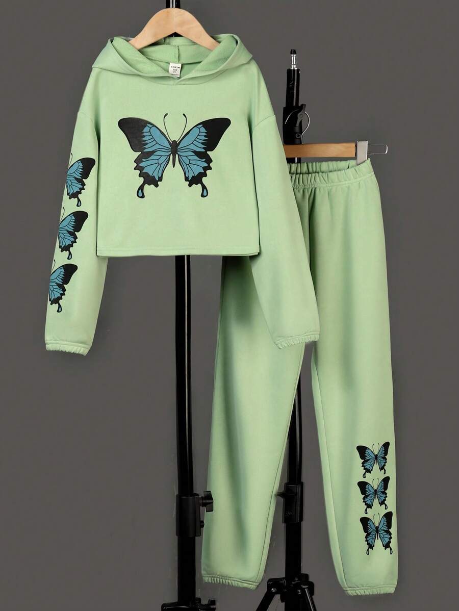 SHEIN Tween Girl Butterfly Print Hoodie & Sweatpants - Green - View 1