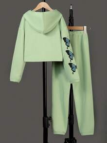 SHEIN Tween Girl Butterfly Print Hoodie & Sweatpants - Green - View 2