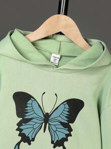 SHEIN Tween Girl Butterfly Print Hoodie & Sweatpants - Green - View 4