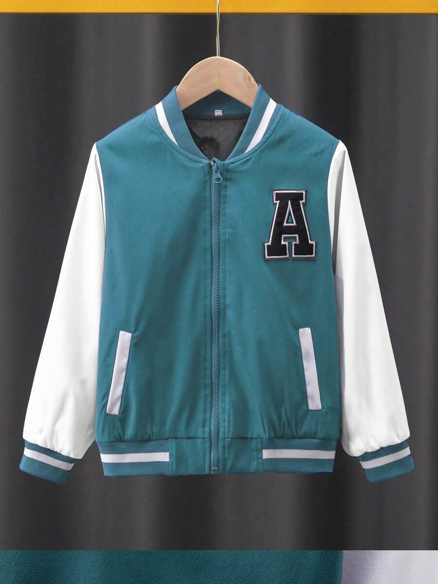 Tween Boy Letter Patched Striped Trim Colorblock Bomber Jacket - Blue and White - View 1