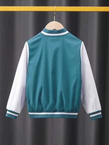 Tween Boy Letter Patched Striped Trim Colorblock Bomber Jacket - Blue and White - View 2