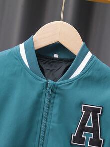 Tween Boy Letter Patched Striped Trim Colorblock Bomber Jacket - Blue and White - View 3