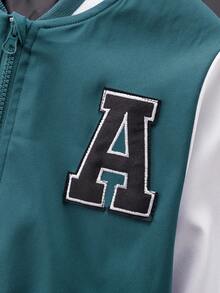 Tween Boy Letter Patched Striped Trim Colorblock Bomber Jacket - Blue and White - View 5