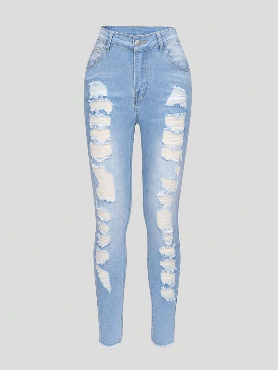 Teen Girl Ripped Raw Hem Jeans - Light Wash - View 1