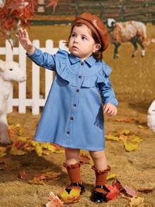 SHEIN 女嬰荷葉邊前紐扣襯衫連衣裙 - 藍色 - 查看 1