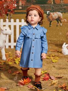 SHEIN 女嬰荷葉邊前紐扣襯衫連衣裙 - 藍色 - 查看 5