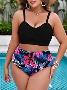 Swim Lushoire Summer Beach Plus Tropical Print Twist Front Bikini Set - Multicolor - View 4