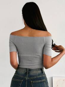 DAZY T-shirt Col Bardot Côtelé - Gris - Voir 2
