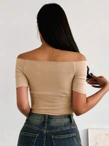 DAZY Off Shoulder Ribbed Knit Tee - Khaki - View 2