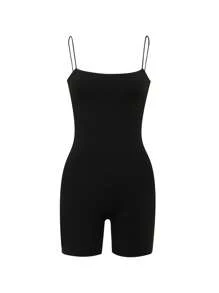 INAWLY Solid Cami Unitard Romper - Black - View 1