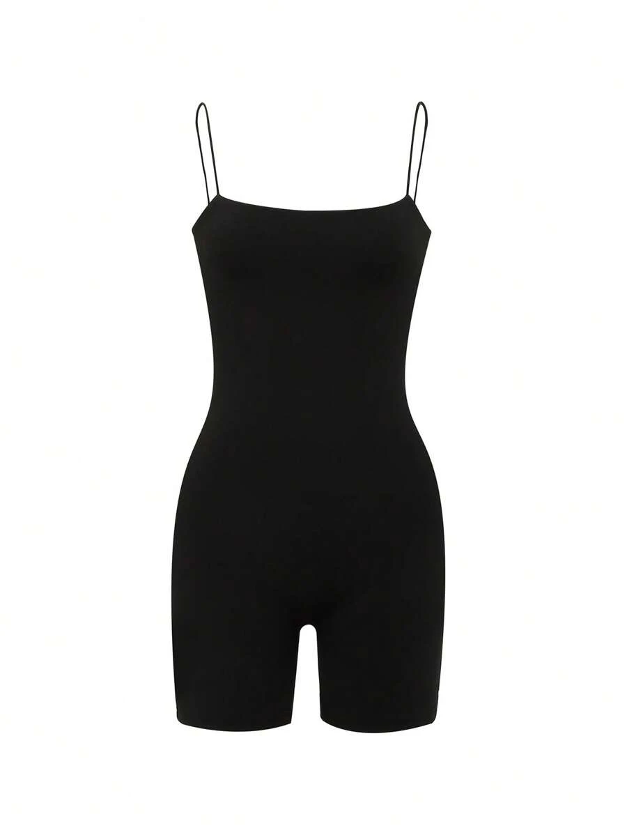 INAWLY Solid Cami Unitard Romper - Black - View 1