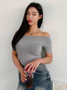 DAZY T-shirt Col Bardot Côtelé - Gris - Voir 5
