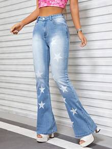 SHEIN ICON Star Print Flare Leg Jeans - Medium Wash - View 5