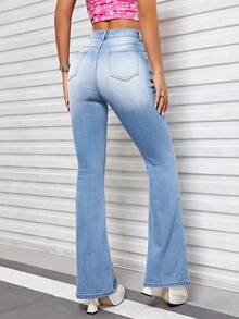 SHEIN ICON Star Print Flare Leg Jeans - Medium Wash - View 3