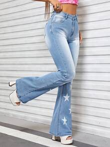 SHEIN ICON Star Print Flare Leg Jeans - Medium Wash - View 4