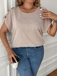 SHEIN LUNE 大碼紐扣細節蝙蝠袖T恤 - 卡其色 - 查看 3