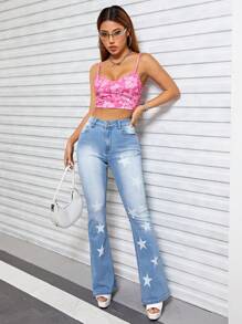 SHEIN ICON Star Print Flare Leg Jeans - Medium Wash - View 1