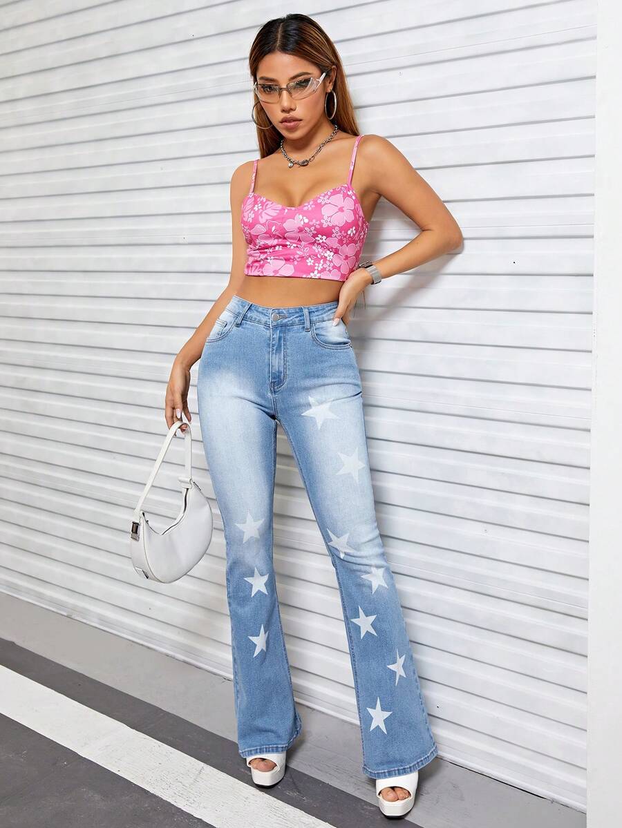 SHEIN ICON Star Print Flare Leg Jeans - Medium Wash - View 1