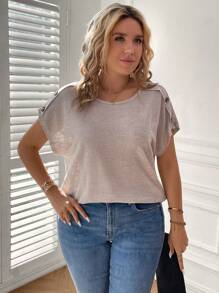 SHEIN LUNE 大碼紐扣細節蝙蝠袖T恤 - 卡其色 - 查看 4