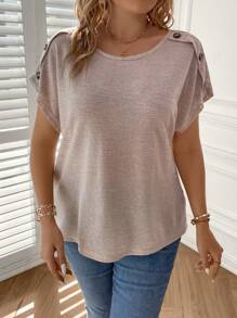 SHEIN LUNE 大碼紐扣細節蝙蝠袖T恤 - 卡其色 - 查看 5