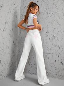 SHEIN EZwear 鈕扣 口袋 拉鍊幾何女士牛仔褲 - 米色 - 查看 3