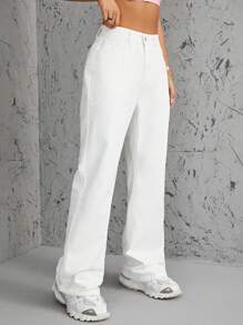 SHEIN EZwear 鈕扣 口袋 拉鍊幾何女士牛仔褲 - 米色 - 查看 6