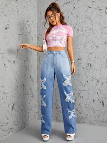 SHEIN ICON High Waist Straight Leg Jeans - Medium Wash - View 4