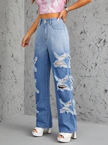 SHEIN ICON High Waist Straight Leg Jeans - Medium Wash - View 2